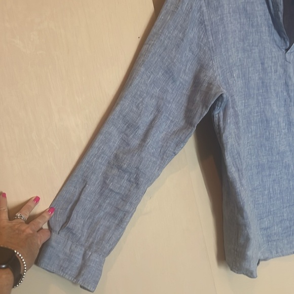 Perry Ellis Blue Linen open neck Shirt size large - Picture 6 of 9